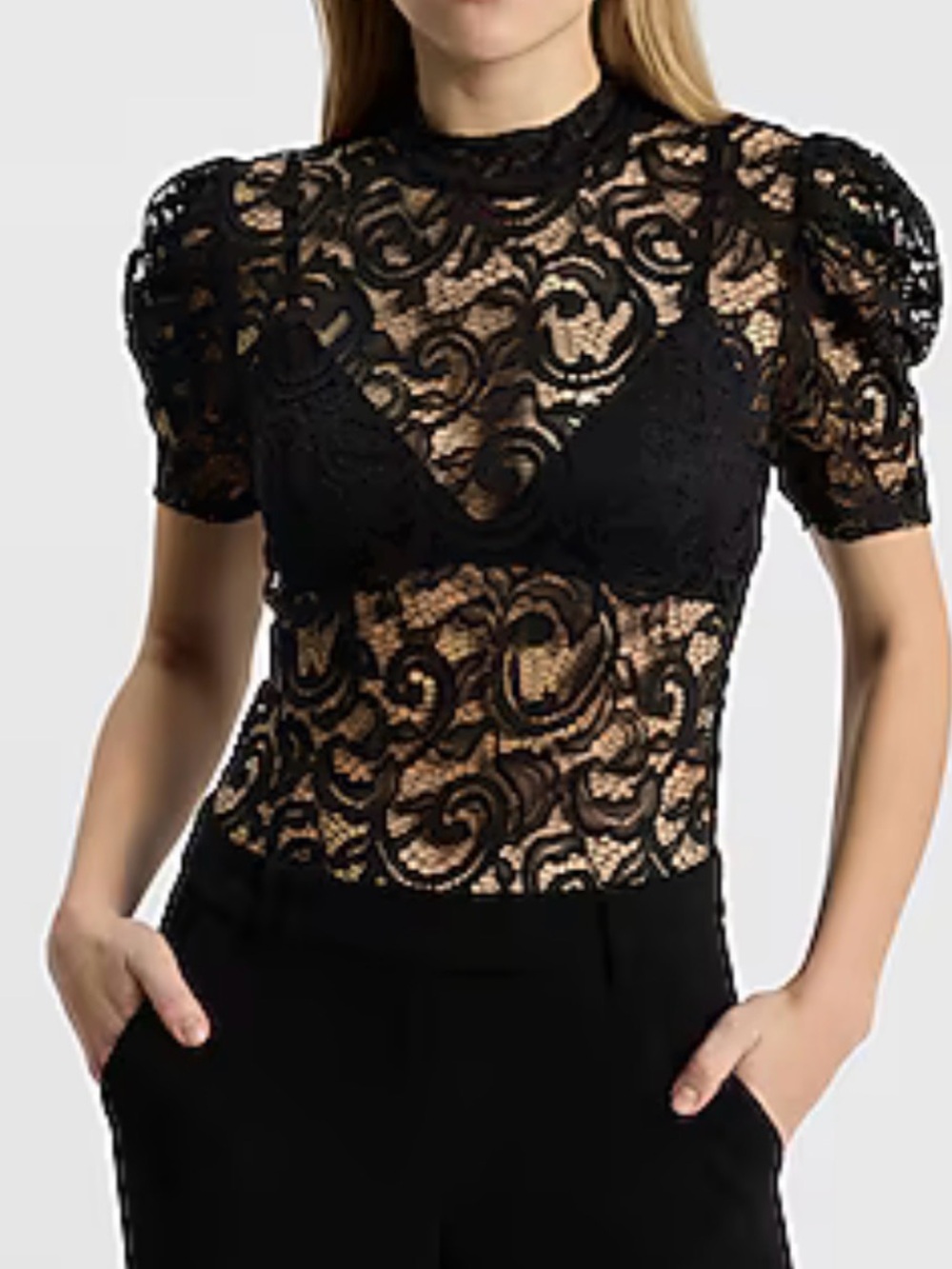Express Black Lace Puff Sleeve Blouse